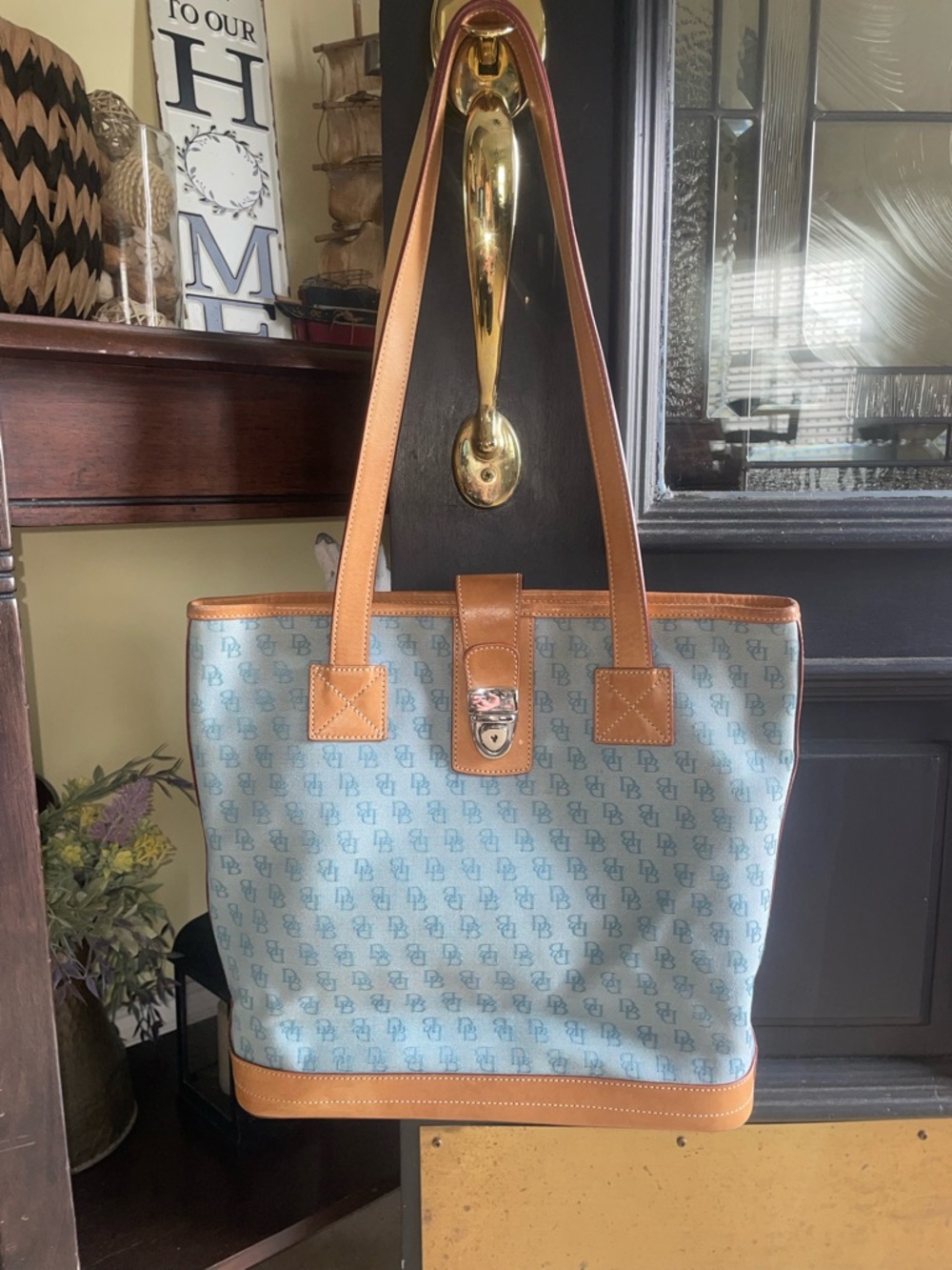 Dooney & Bourke Light Blue Monogram Tote with Tan Trim - Women's Shoulder Bag